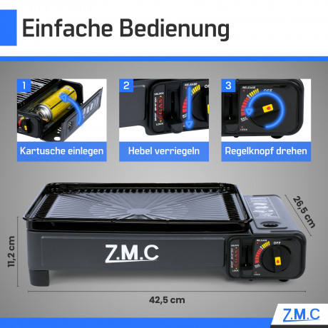 ZMC ZMC Gaskocher 2-in-1 Gaskocher inkl. Zubehor, Camping-Kocher mit 8x Gaskartuschen, (mit Grillplatte + Grillrost, stufenlos regulierbar, Tischgrill), mit Tragekoffer, 3,8kg, Piezo-Zundung Warmeleistung: 2,2KW Газовая плита ZMC Газовая плита 2-в-1, вкл