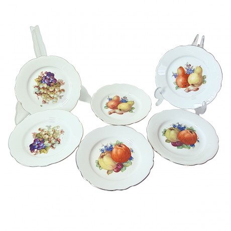 Набор тарелок винтажных Bareuther "Фрукты" с рельефным краем, ручная роспись, 6 шт., 15 см, фарфор, Германия, 1960-70гг.
