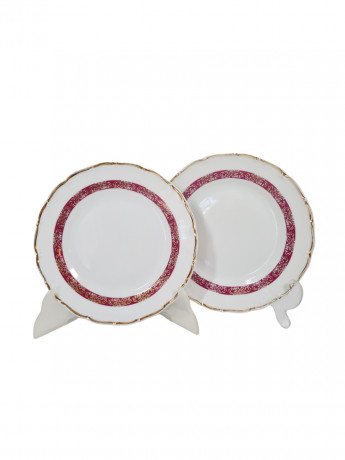 Тарелка винтажная MZ, Karlsbader Porzellan с бордовым узором и золотистым ободком, фарфор, 2 шт., 19 см, Германия, 1960-70гг.
