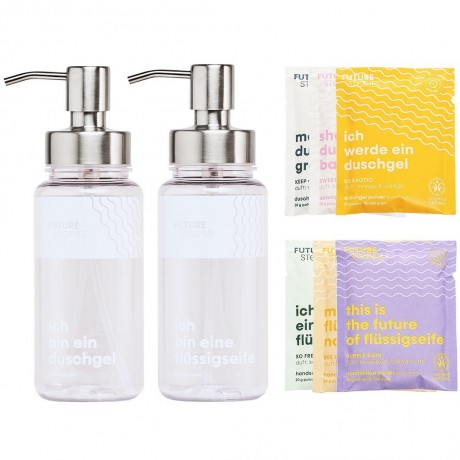 FUTURE STORIES Vorteilskit Duschgel & Flussigseifen Pulver mit allen 6 Sorten inkl. 2 Pumpspender  Комплект Advantage с гелем для душа и жидким мыльным порошком всех 6 типов, включая 2 помповых дозатора.