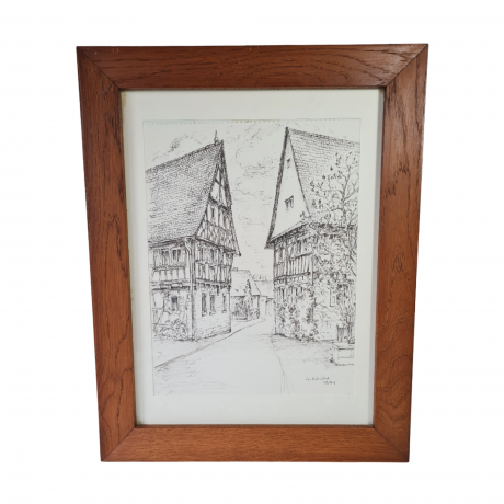 Картина винтажная "Немецкие домики", худ.D.Schild, графика, в раме, под стеклом, 46 х 35.5 см, Германия, 1994 год.