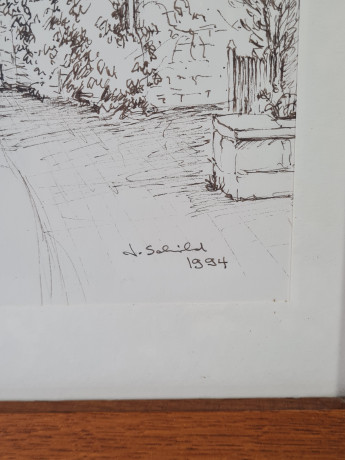 Картина винтажная "Немецкие домики", худ.D.Schild, графика, в раме, под стеклом, 46 х 35.5 см, Германия, 1994 год.