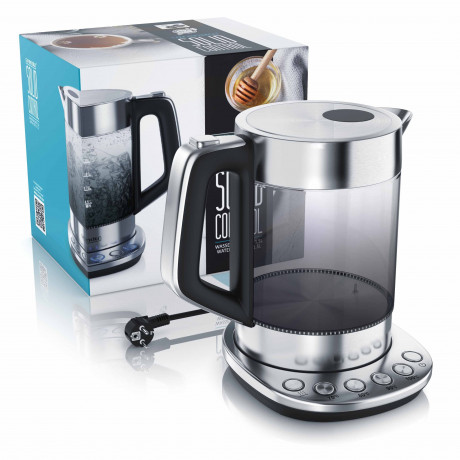 Arendo Arendo Wasserkocher, 1,5 l, 2200 W, Edelstahl Glas, mit Basisstation Temperatureinstellung 70°C 100°C Чайник Arendo, 1,5 л, 2200 Вт, стекло нержавеющая сталь, с регулировкой температуры на базовой станции 70°С 100°С