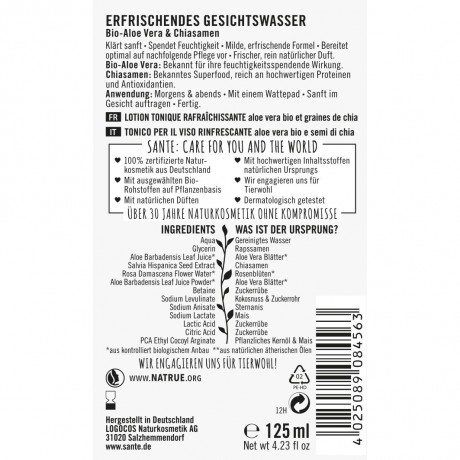 Sante S GESICHTSWASSER BIO-ALOE VERA & CHIASAMEN S ТОНИК ДЛЯ ЛИЦА ОРГАНИЧЕСКИЙ АЛОЭ ВЕРА И CHIASEED