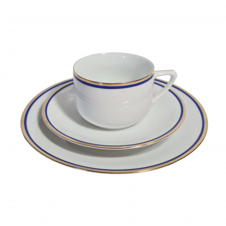 Чайное трио винтажное Jaeger&Co / PMR Bavaria с синей и золотой полосой, фарфор, Германия, 1960-70гг.