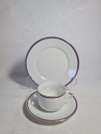 Чайное трио винтажное Jaeger&Co / PMR Bavaria с синей и золотой полосой, фарфор, Германия, 1960-70гг.