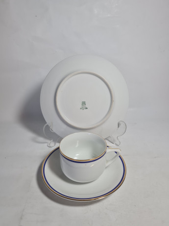 Чайное трио винтажное Jaeger&Co / PMR Bavaria с синей и золотой полосой, фарфор, Германия, 1960-70гг.