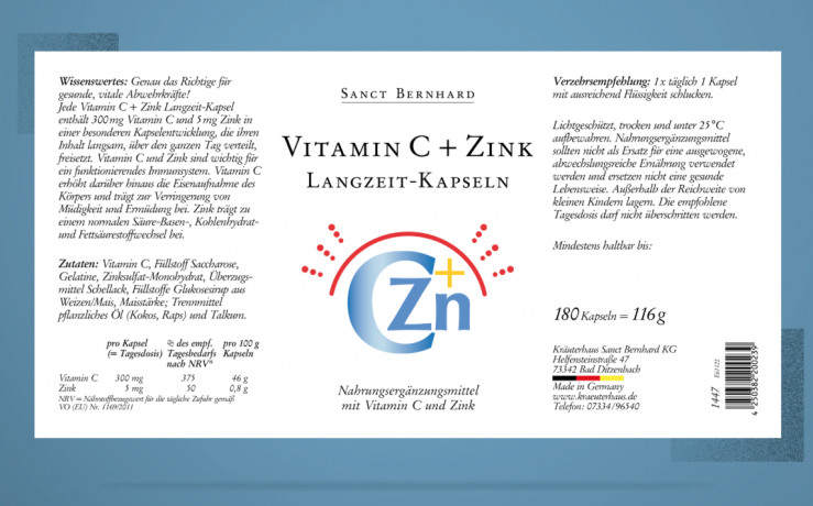 Vitamin C+Zink Langzeit-Kapseln, Капсулы длительного действия с витамином С и цинком, 180 капсул на 6 месяцев