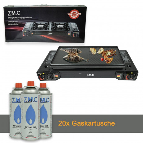 ZMC ZMC Gaskocher 2in1 Campingkocher mit Grillplatte 2 Flammig + 20x Gaskartuschen 227g, (mit Piezozundung Grill Platte Tischgrill Doppel Gasbrenner Gasgrill Kochfeld mit LPG Anschluss Warmeleistung: 2,3KW), Outdoor Camping Gas Kocher Butan Gas Gaskocher
