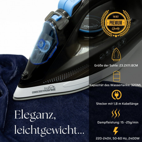 Starlyf Starlyf Dampfbugeleisen Cordless Steam Iron, 2400 W, kabelloses Bugeleisen, Sohle mit keramischer Antihaftbeschichtung Starlyf Cordless Steam Iron, 2400W, беспроводной утюг, подошва с керамическим антипригарным покрытием