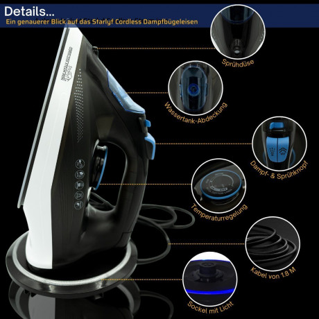 Starlyf Starlyf Dampfbugeleisen Cordless Steam Iron, 2400 W, kabelloses Bugeleisen, Sohle mit keramischer Antihaftbeschichtung Starlyf Cordless Steam Iron, 2400W, беспроводной утюг, подошва с керамическим антипригарным покрытием