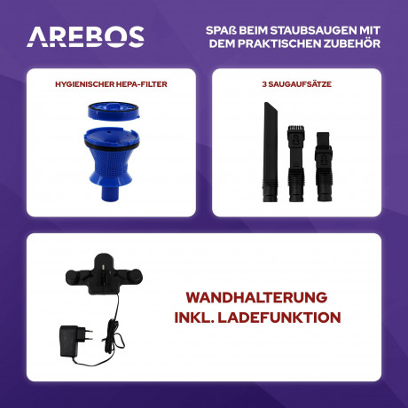 Arebos Arebos Akku-Handstaubsauger Lithium-Ionen-Akku Staubsauger, 2-in-1 Hand- und Bodenstaubsauger, 200,00 W, beutellos blau Беспроводной ручной пылесос Arebos, пылесос с литий-ионным аккумулятором, ручной и напольный пылесос 2-в-1, 200,00 Вт, без мешка