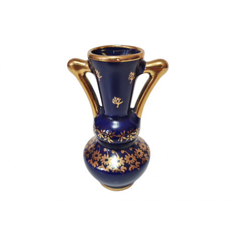Ваза винтажная Limoges France, темно-синий фарфор с золотым цветочным декором и позолоченными ручками, 9 x 6 см, Франция, 1960-70гг.