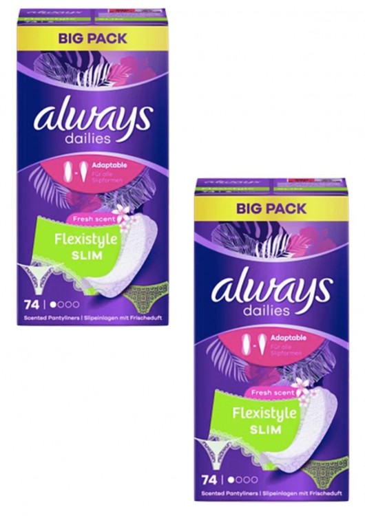 always Slipeinlage Flexistyle Slim Fresh BigPack 74 St, Прокладки Ежедневные тонкие Flexistyle с ароматом свежести 74 штуки, 2 упаковки (148 штук) always Slipeinlage Flexistyle Slim Fresh BigPack 74 St, Прокладки Ежедневные тонкие Flexistyle с ароматом свежести 74 штуки, 2 упаковки (148 штук)
