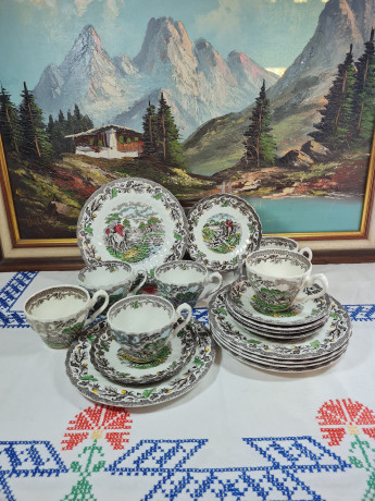Чайный сервиз винтажный Myotts "Country Life" / Fine Staffordshire Ware на 6 персон, ручная гравировка, фарфор, Англия, 1960-70гг.
