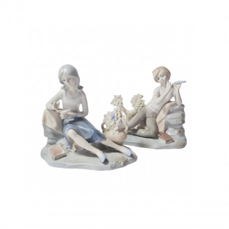 Lladro Винтажные статуэтки "Мальчик с дудочкой" и "Девушка с вазой", 2шт х 15см х 16см, Германия, 1960-70гг.