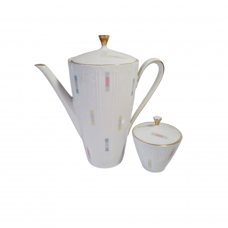 Набор посуды для чая винтажный Winterling Roslau Bavaria, белый фарфоровый чайник, 18 x 20,5 см с разноцветным узором и позолотой и сахарница 9 x 7,5 см, Германия, 1960-70гг.
