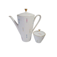 Набор посуды для чая винтажный Winterling Roslau Bavaria, белый фарфоровый чайник, 18 x 20,5 см с разноцветным узором и позолотой и сахарница 9 x 7,5 см, Германия, 1960-70гг.