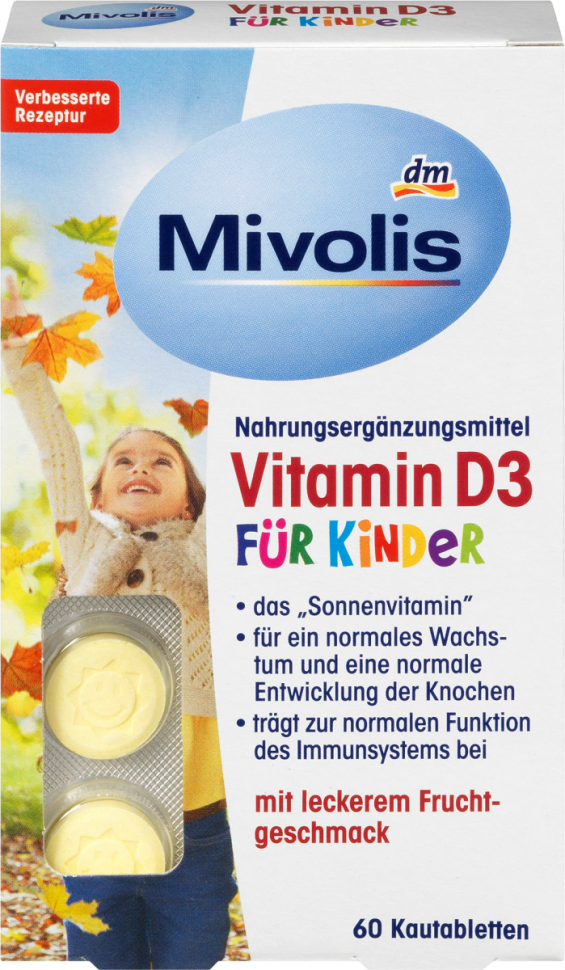 Mivolis Vitamin D3 fur Kinder Витамин D3 для детей от 4-х лет, жевательные таблетки с фруктовым вкусом, 60 шт