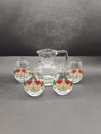 Кувшин с бокалами для вина винтажные "Деревня Ботцингер и винный фестиваль", бокал (4 шт.) - 0.1 л, стекло, Германия, 1970-80гг.