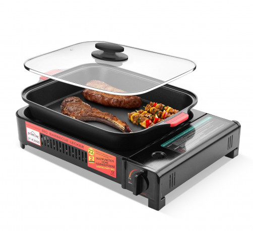 HOMELUX HOMELUX Gaskocher Camping Gasgrill+Grillpfanne+Glasdeckel Campinggrill BBQ, 2,2KW  Газовая плита HOMELUX, походный газовый гриль + сковорода для гриля + походный гриль со стеклянной крышкой, 2,2 кВт