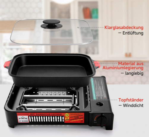 HOMELUX HOMELUX Gaskocher Camping Gasgrill+Grillpfanne+Glasdeckel Campinggrill BBQ, 2,2KW  Газовая плита HOMELUX, походный газовый гриль + сковорода для гриля + походный гриль со стеклянной крышкой, 2,2 кВт