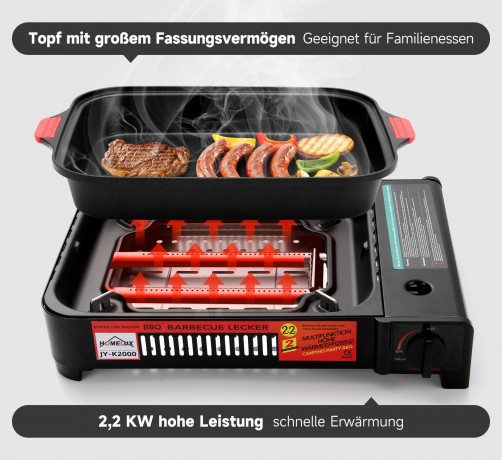 HOMELUX HOMELUX Gaskocher Camping Gasgrill+Grillpfanne+Glasdeckel Campinggrill BBQ, 2,2KW  Газовая плита HOMELUX, походный газовый гриль + сковорода для гриля + походный гриль со стеклянной крышкой, 2,2 кВт