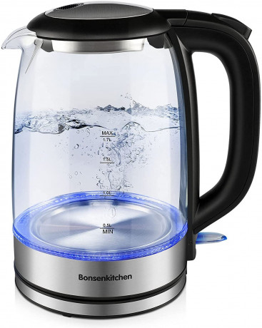 Bonsenkitchen Bonsenkitchen Wasserkocher Wasserkocher aus Glas, 1,7 L 2200 W Wasserkocher mit blauer LED-Beleuchtung, automatischer Abschaltung und Uberhitzungsschutz, Innendeckel und Boden aus 304 Edelstahl (BPA-frei), 1,7 l, 2200 W Стеклянный чайник Bo