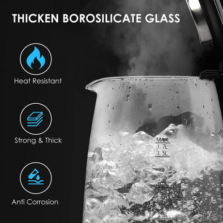 Bonsenkitchen Bonsenkitchen Wasserkocher Wasserkocher aus Glas, 1,7 L 2200 W Wasserkocher mit blauer LED-Beleuchtung, automatischer Abschaltung und Uberhitzungsschutz, Innendeckel und Boden aus 304 Edelstahl (BPA-frei), 1,7 l, 2200 W Стеклянный чайник Bo
