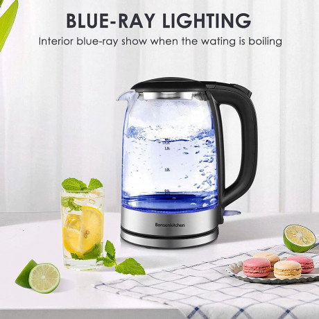 Bonsenkitchen Bonsenkitchen Wasserkocher Wasserkocher aus Glas, 1,7 L 2200 W Wasserkocher mit blauer LED-Beleuchtung, automatischer Abschaltung und Uberhitzungsschutz, Innendeckel und Boden aus 304 Edelstahl (BPA-frei), 1,7 l, 2200 W Стеклянный чайник Bo