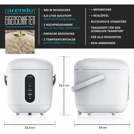 Arendo Arendo Reiskocher, 300 W, 0,8l, Messbecher Reisloffel, Kochprogramme, Timer, Warmhaltefunktion Рисоварка Arendo, 300 Вт, 0,8л, мерный стакан, ложка для риса, программы приготовления, таймер, функция поддержания тепла