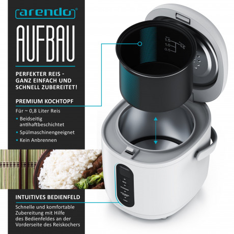 Arendo Arendo Reiskocher, 300 W, 0,8l, Messbecher Reisloffel, Kochprogramme, Timer, Warmhaltefunktion Рисоварка Arendo, 300 Вт, 0,8л, мерный стакан, ложка для риса, программы приготовления, таймер, функция поддержания тепла