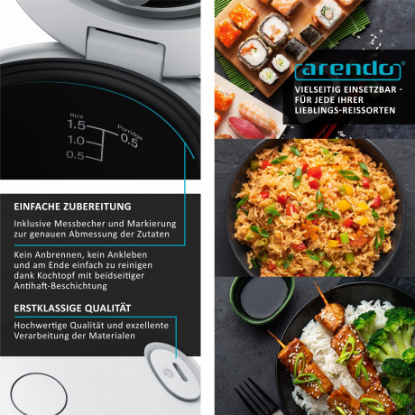 Arendo Arendo Reiskocher, 300 W, 0,8l, Messbecher Reisloffel, Kochprogramme, Timer, Warmhaltefunktion Рисоварка Arendo, 300 Вт, 0,8л, мерный стакан, ложка для риса, программы приготовления, таймер, функция поддержания тепла