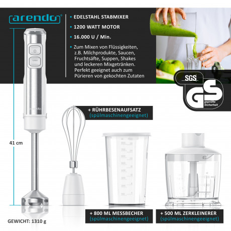 Arendo Arendo Stabmixer, 1200 W, Set, Edelstahl, DC Motor, inkl. 800 ml Messbecher, Schneebesen Ручной блендер Arendo, 1200 Вт, набор, нержавеющая сталь, двигатель постоянного тока, вкл. мерный стакан на 800 мл, венчик