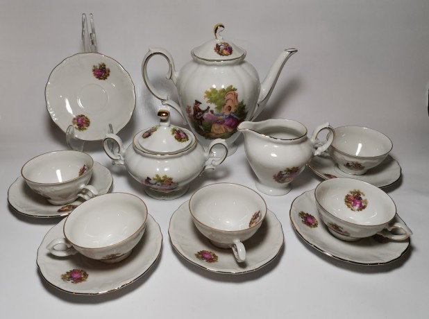 Winterling Schwarzenbach Bavaria, Винтерлинг Шварзенбах Кофейный набор на 5 персон с изображением мотивов "Галантная сцена" Фрагонара, Германия, 1950г